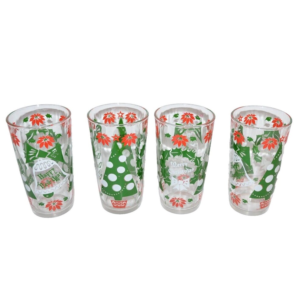 4 Vtg Hazel Atlas Christmas Tree New Year Glass Tumblers 60s MCM